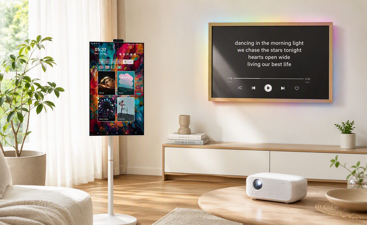 owwo product collection: portable smart screen on stand, wall mounted lyrics art display and portable projector in modern living room