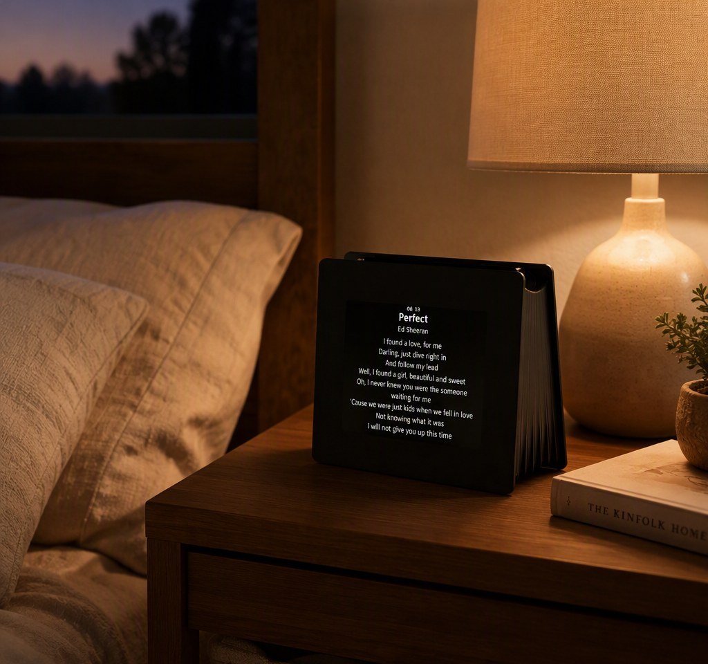 LD-4.3 mini lyrics display on a bedroom nightstand with warm lamp light