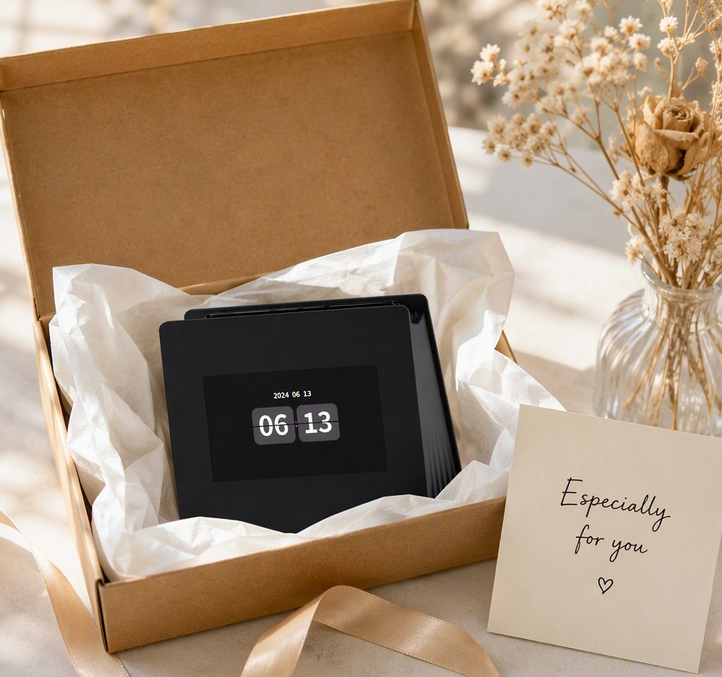 LD-4.3 mini lyrics display in a kraft gift box with flip clock mode