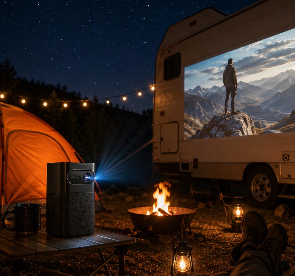PJ-250 black tower projector at a campsite projecting a movie onto a camper van