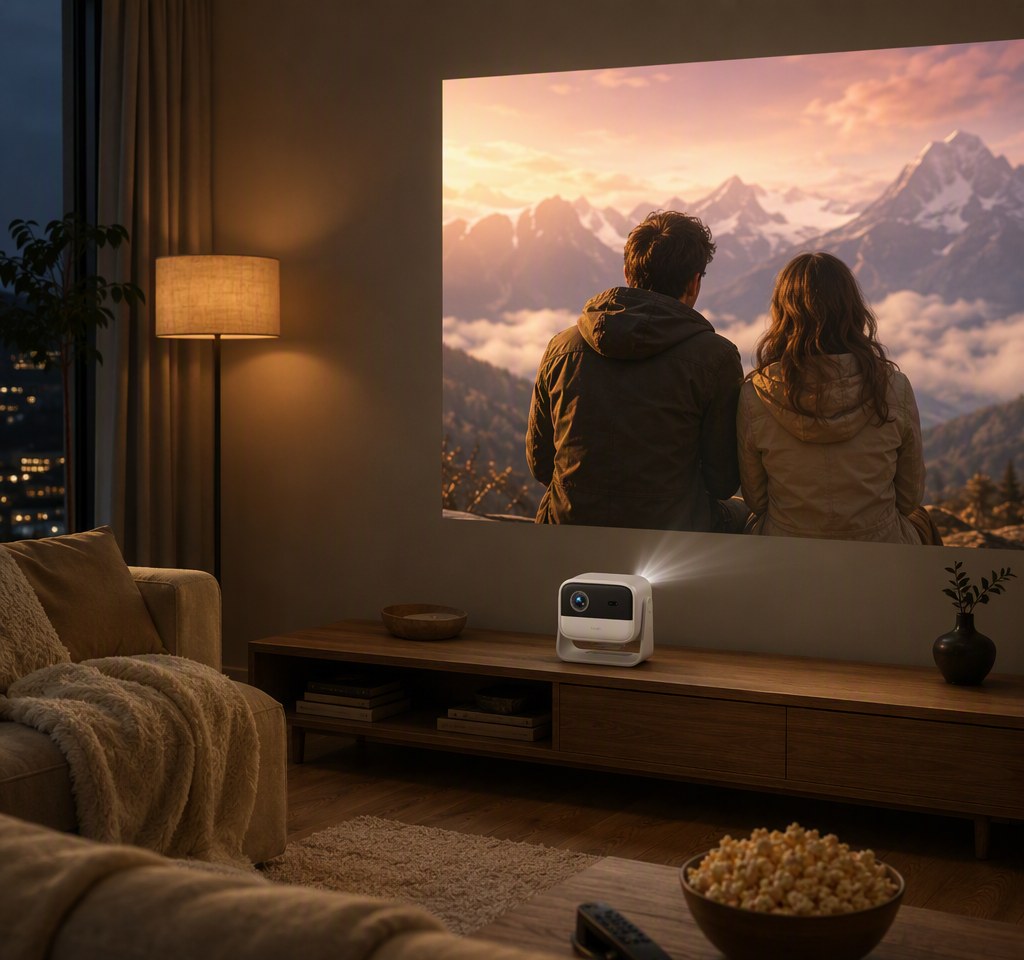PJ-600 white DLP projector on a TV bench projecting a movie in a cozy living room