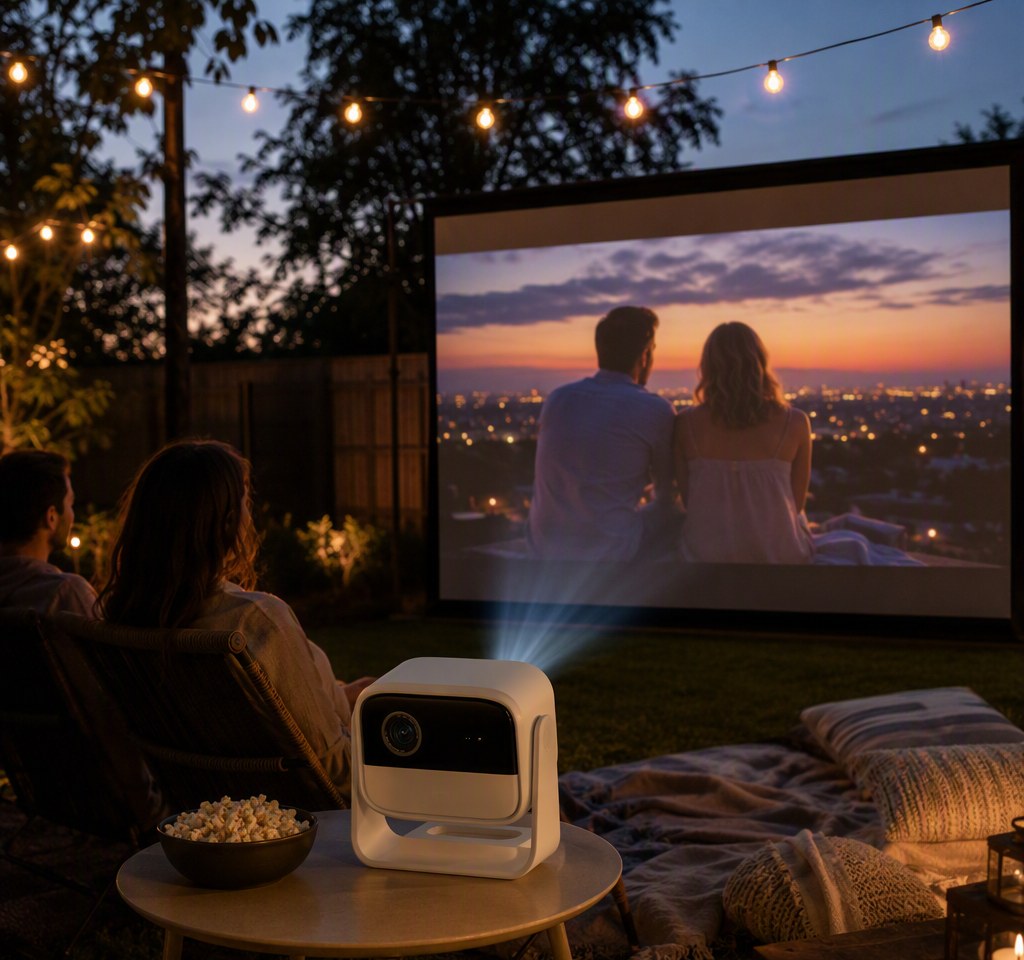 PJ-600 white DLP projector at a backyard outdoor cinema night with string lights